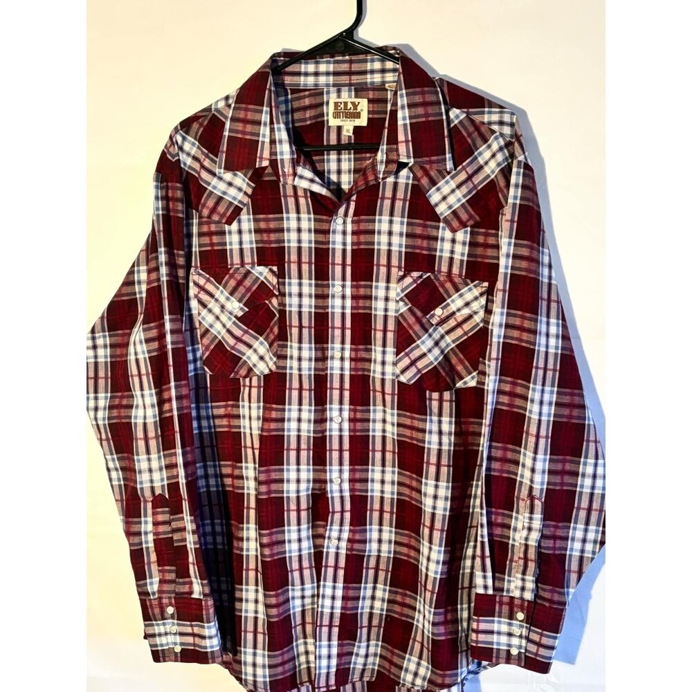 Ely Cattleman Mens Plaid Western Shirt Long Sleeve Snap Closure Maroon & Gray Ch